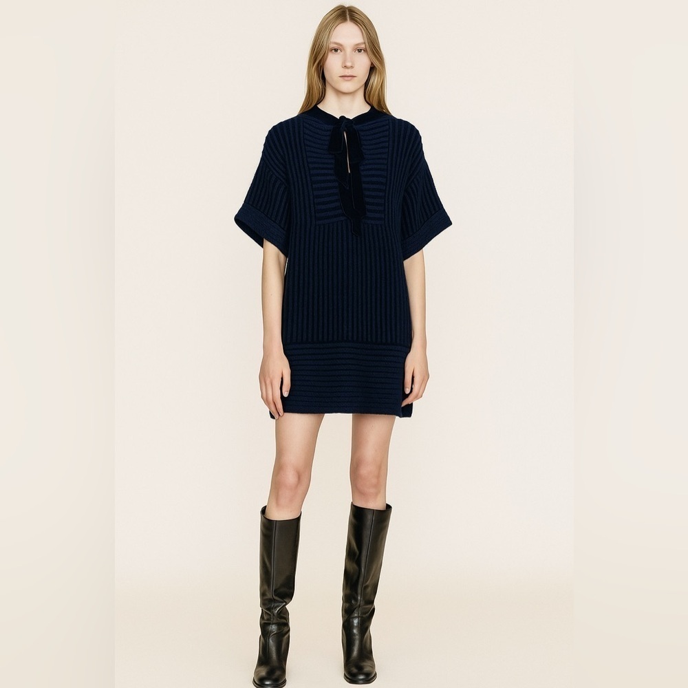 Chloe navy blue & black textured sweater dress with chenille tie at neck. Small